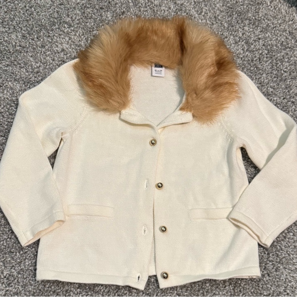 Janie and Jack Cream Sweater with Faux Fur Collar baby girl 18-24m
